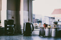 Kitchen counter with cooking accessories and air fryer setup