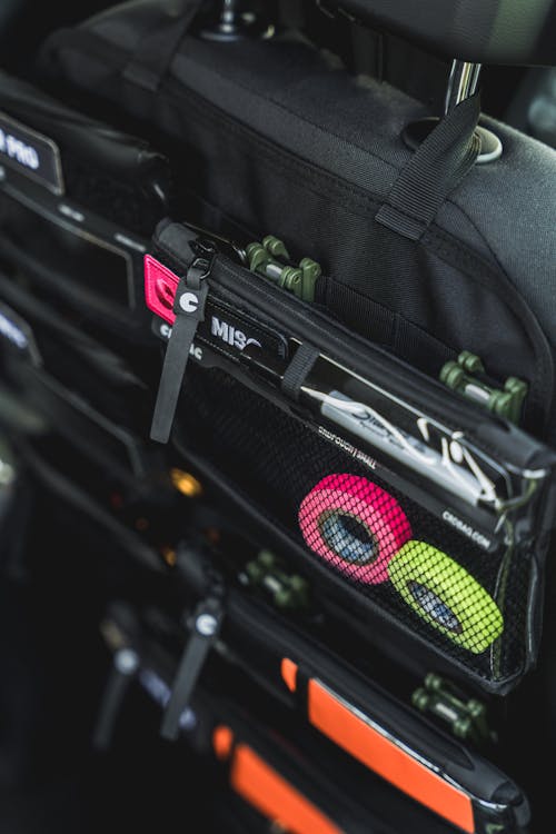 Organized car storage with compartments and bags for easy access